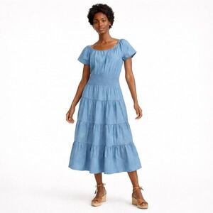Lauren Ralph Lauren Chambray Off The Shoulder Smocked Tiered Midi Dress Blue 14